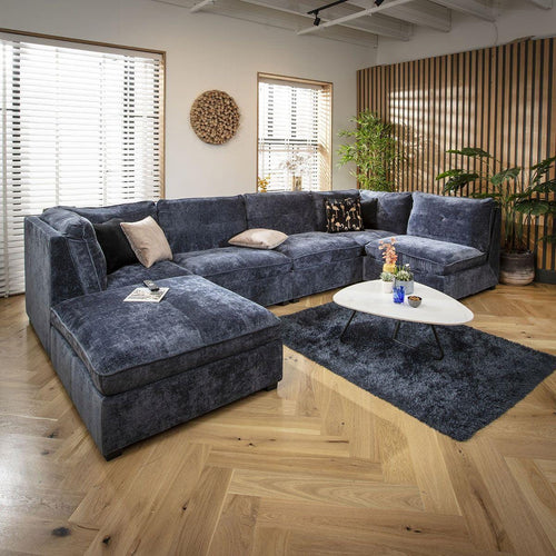 Anni 6 Seater U-Shape Sofa Blue Chenille 366x192cm 6L