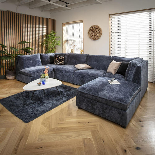 Anni 6 Seater U-Shape Sofa Blue Chenille 366x192cm 6R