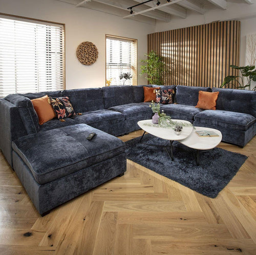 Anni 6 Seater U-Shape Sofa Blue Chenille 366x270cm 9R