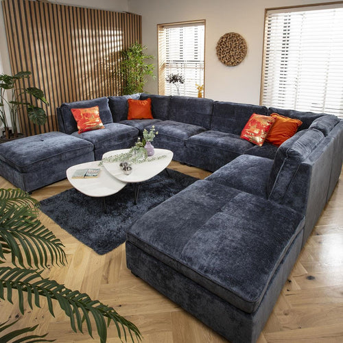 Anni 6 Seater U-Shape Sofa Blue Chenille 366x279cm 10