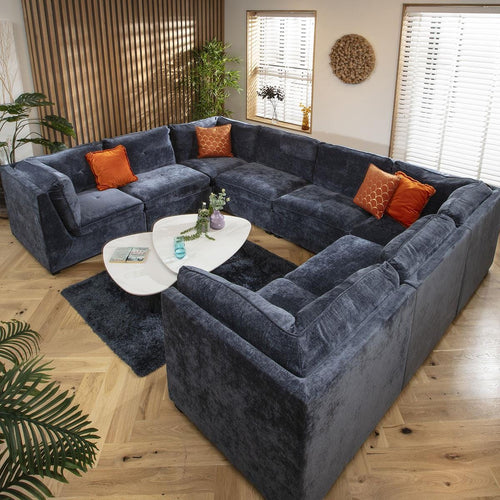 Anni 8 Seater U-Shape Sofa Blue Chenille 366x279cm 11