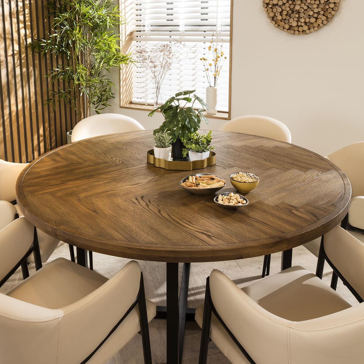 Ashley 6 Seater Round Solid Wood Herringbone Dining Set Cream Clay ...