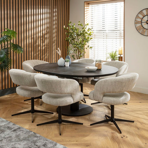 Aubrey & Venus 6 Seater Black Ceramic Round Extendable Dining Set Grey Return Swivel Chairs