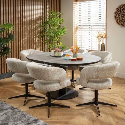 Aubrey & Venus 6 Seater Round Ceramic Extendable Dining Set Grey Return Swivel Chairs