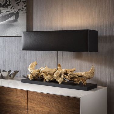 Quatropi Beautiful Unique Modern Driftwood table lamp /light Black shade Bissau