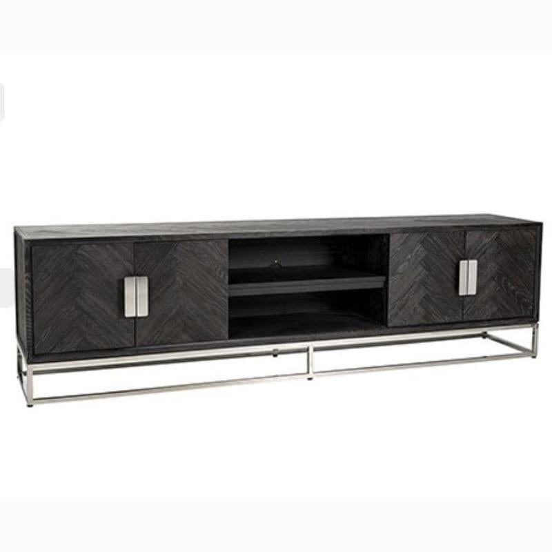 Quatropi Black Oak Tv Cabinet Stand Brushed Stainless Steel Living room 2200 mm