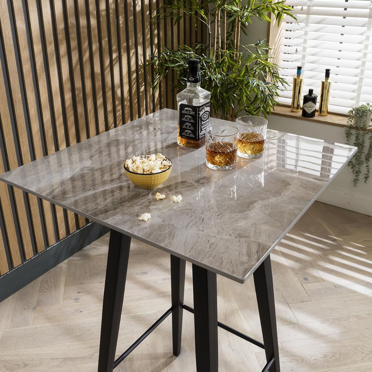 Quatropi Breakfast Bar Table And 4 Chairs Set - Grey Ceramic Marble Bar Table - Velvet Bar Stools