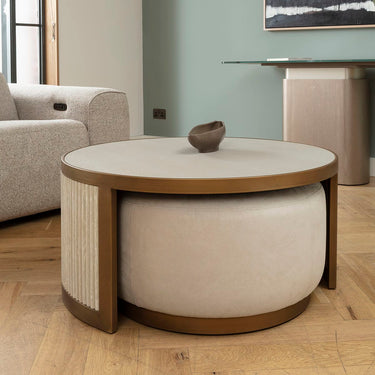 Quatropi Budapest Premium Round Fabric Foostool Cream & Brass 72cm