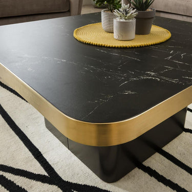 Quatropi Ceramic Marble Top Contemporary Coffee Table with Metal Trim - Black 90cm Square