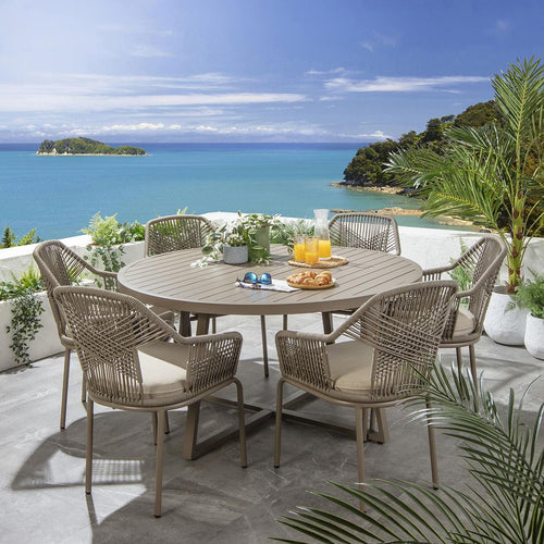 Cia 6 Seater Round Outdoor Garden Dining Set Aluminium Beige