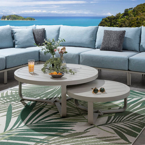 Cleo Round Nesting Outdoor Garden Coffee Table Set Almond Grey Aluminium 102cm & 68cm