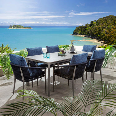Quatropi Cole & Pharos 6 Seater Ceramic Outdoor Garden Dining Set Midnight Blue & Grey