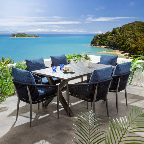 Cole & Star 6 Seater Outdoor Garden Dining Set Midnight Blue & Grey Aluminium