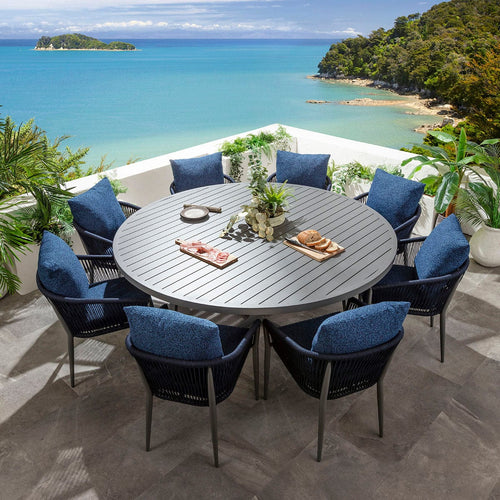 Cole & Sun 8 Seater Round Outdoor Garden Dining Set Midnight Blue & Grey Aluminium