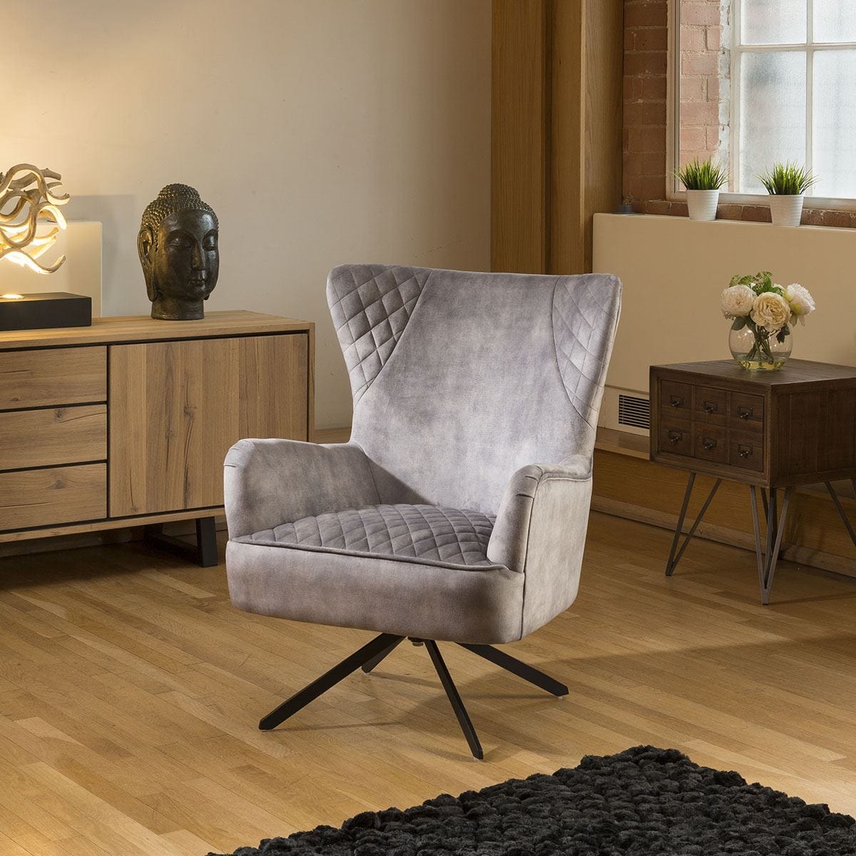 Quatropi Comfy Armchair Swivel Winged Chair Feature Vintage Velvet Grey New