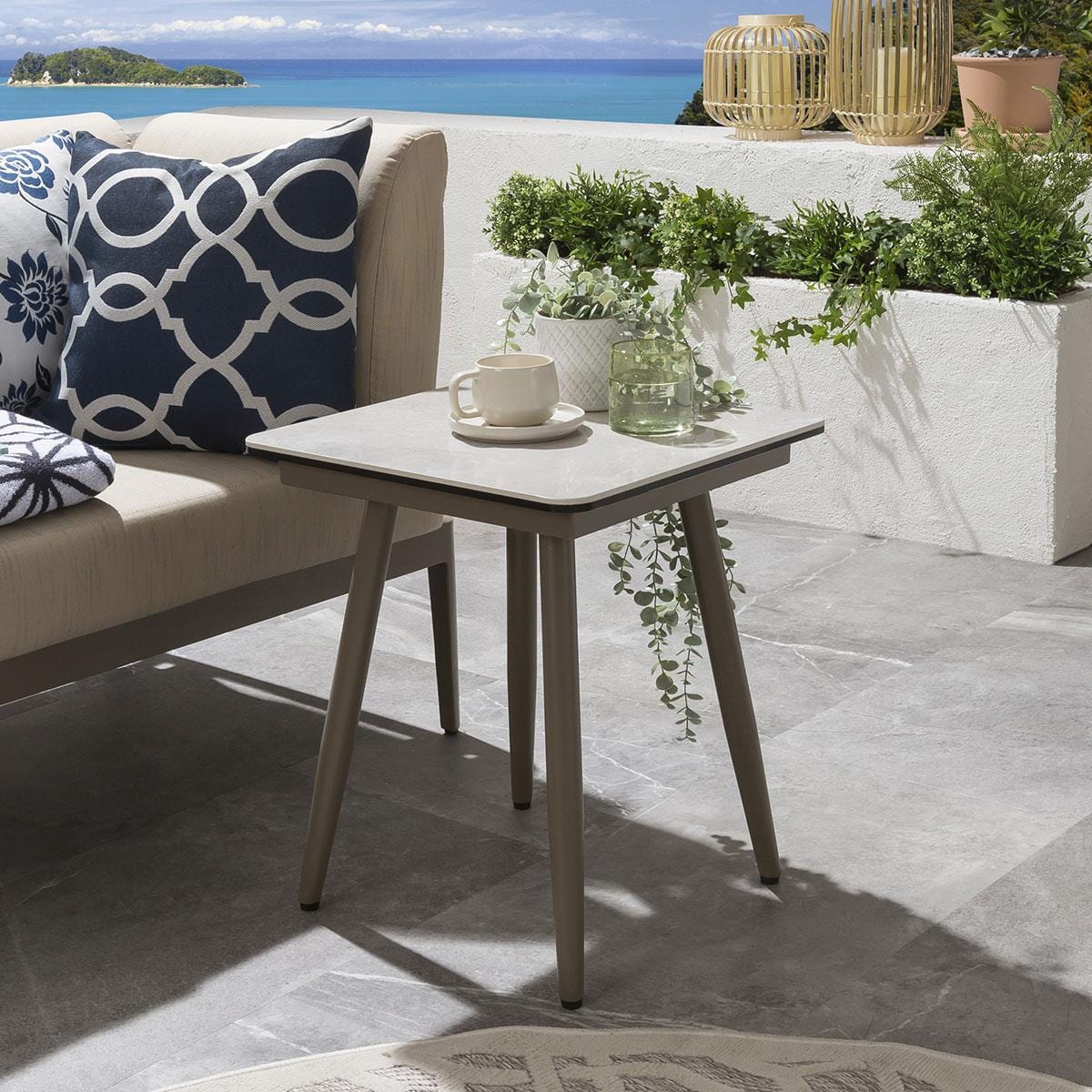 Quatropi Compact Garden Sofa Set | 4 Seater Beige Aluminium Metal Sofa & Side Tables