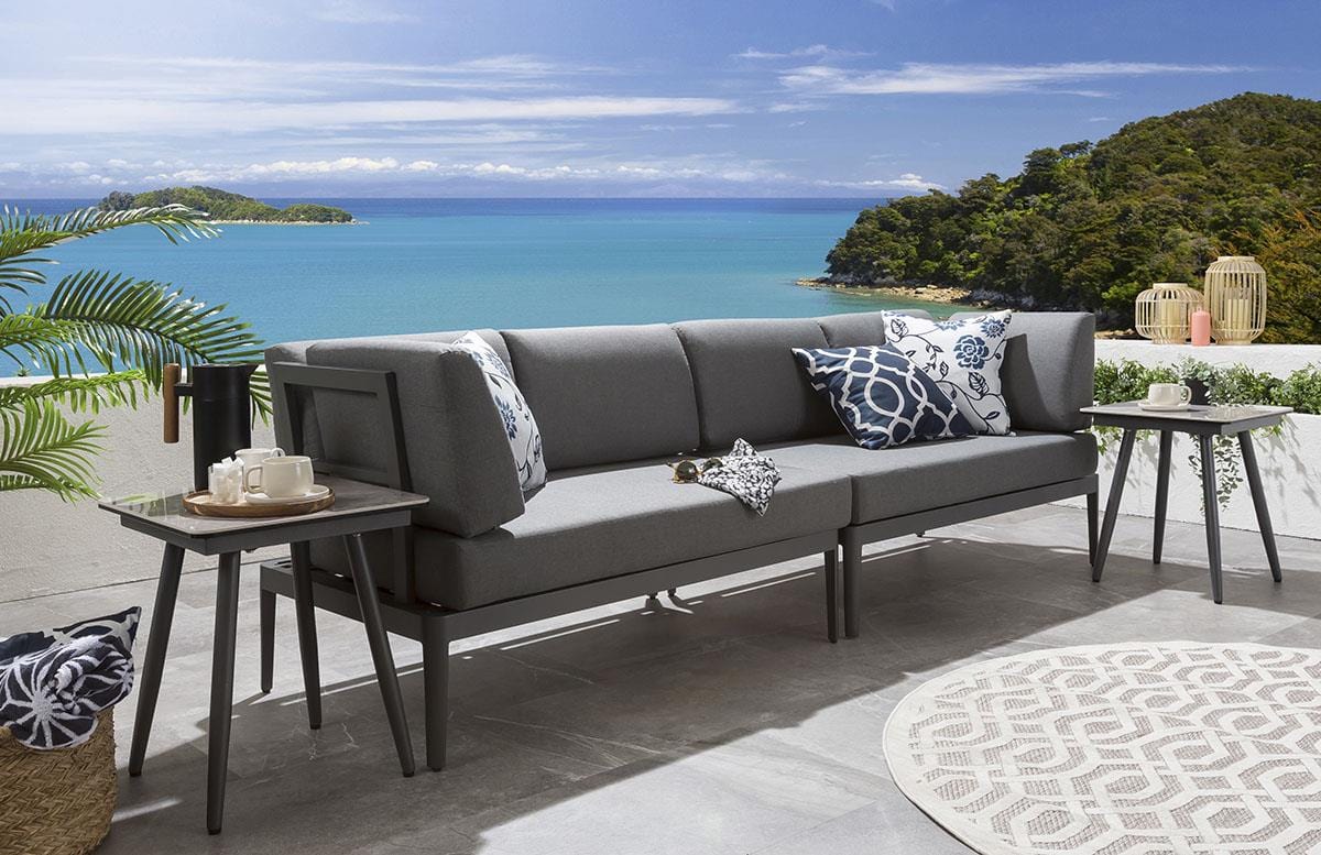 Quatropi Compact Garden Sofa Set | 4 Seater Grey Aluminium Metal Sofa & Side Tables