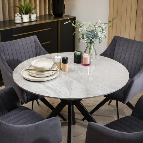 Compact Round 4 Seater Dining Set - Grey Ceramic Marble Table & 4 Premium Chairs