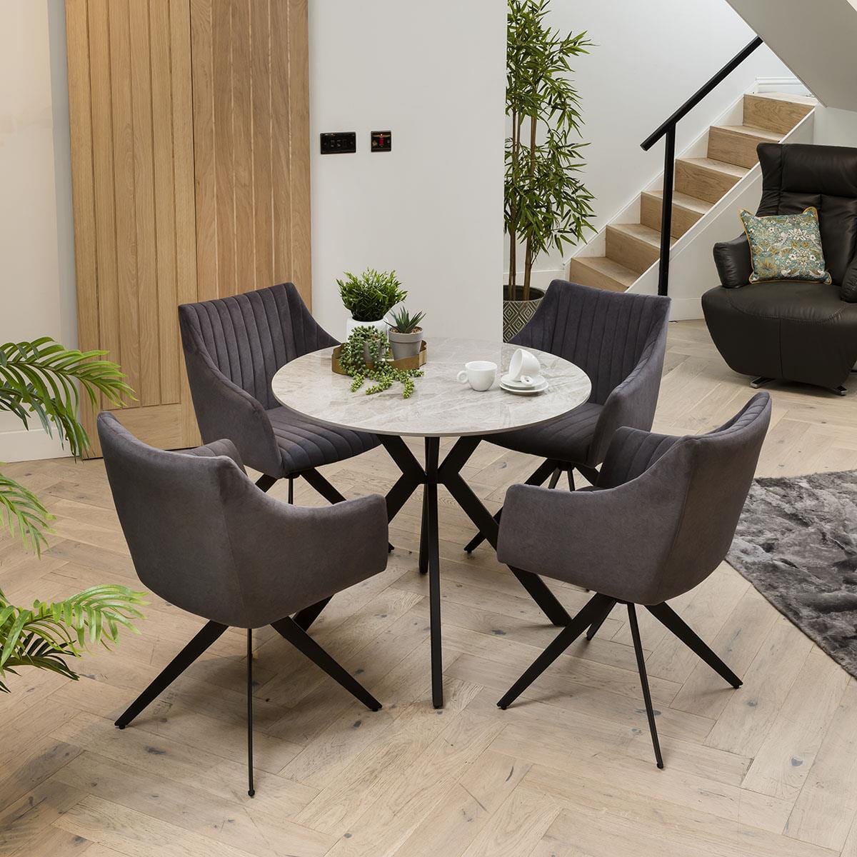 Quatropi Compact Round 4 Seater Dining Set - Grey Ceramic Marble Table & 4 Premium Chairs