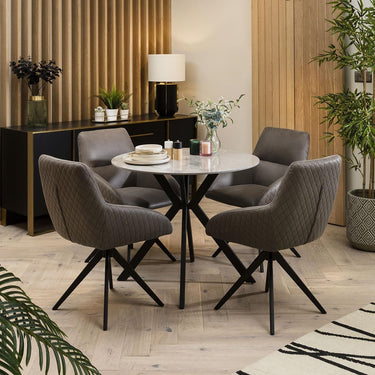Quatropi Compact Round 4 Seater Dining Table And Chairs Set - Grey Ceramic Marble Table