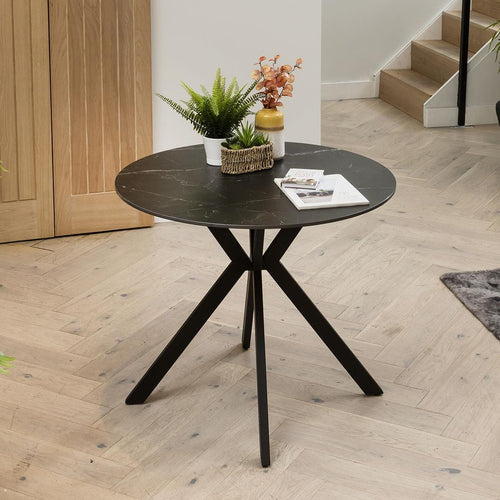 Compact Round Bistro Ceramic Marble Dining Table - 4 Seater Black Matte 90cm