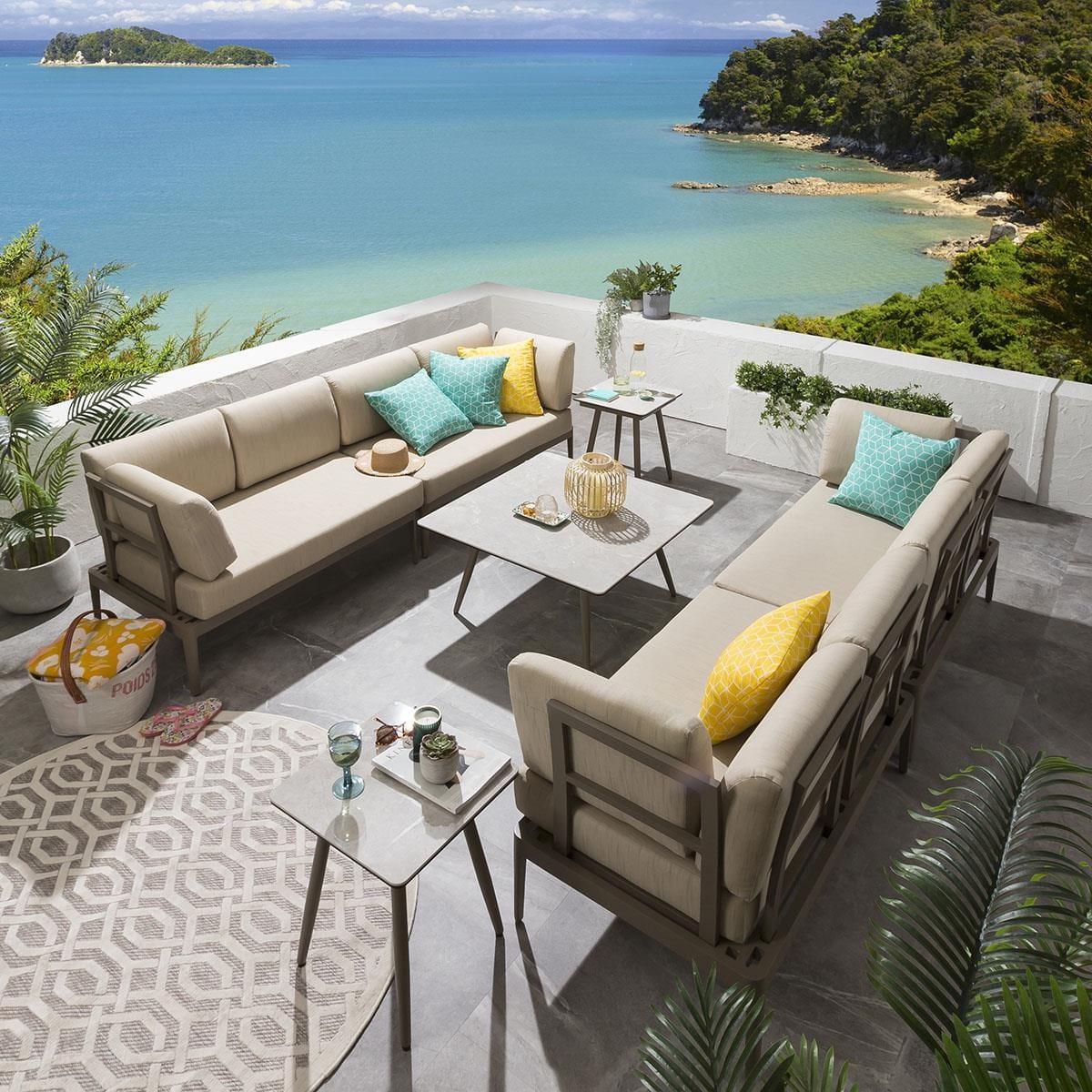 Quatropi Complete Garden Sofa Set | 8 Seater Beige Aluminium Sofa, Coffee & Side Tables