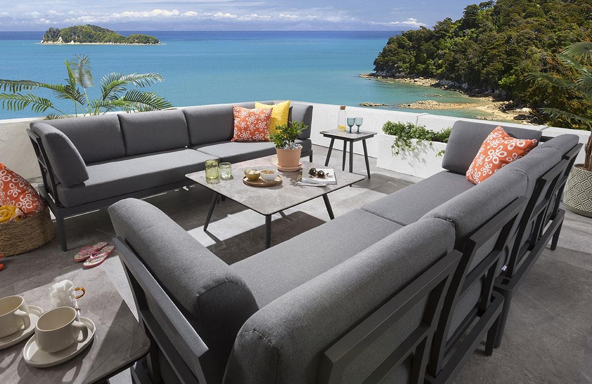 Quatropi Complete Garden Sofa Set | 8 Seater Grey Aluminium Sofa, Coffee & Side Tables