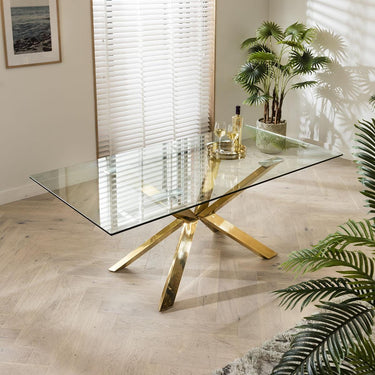 Quatropi Contemporary 2-Metre 8 Seater Glass Dining Table Gold Pedestal Base