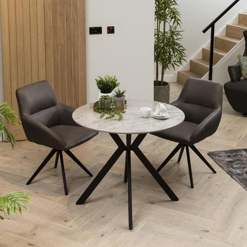 Contemporary 2 Seater Grey Round Small Dining Table And Chairs - Swivel Chairs