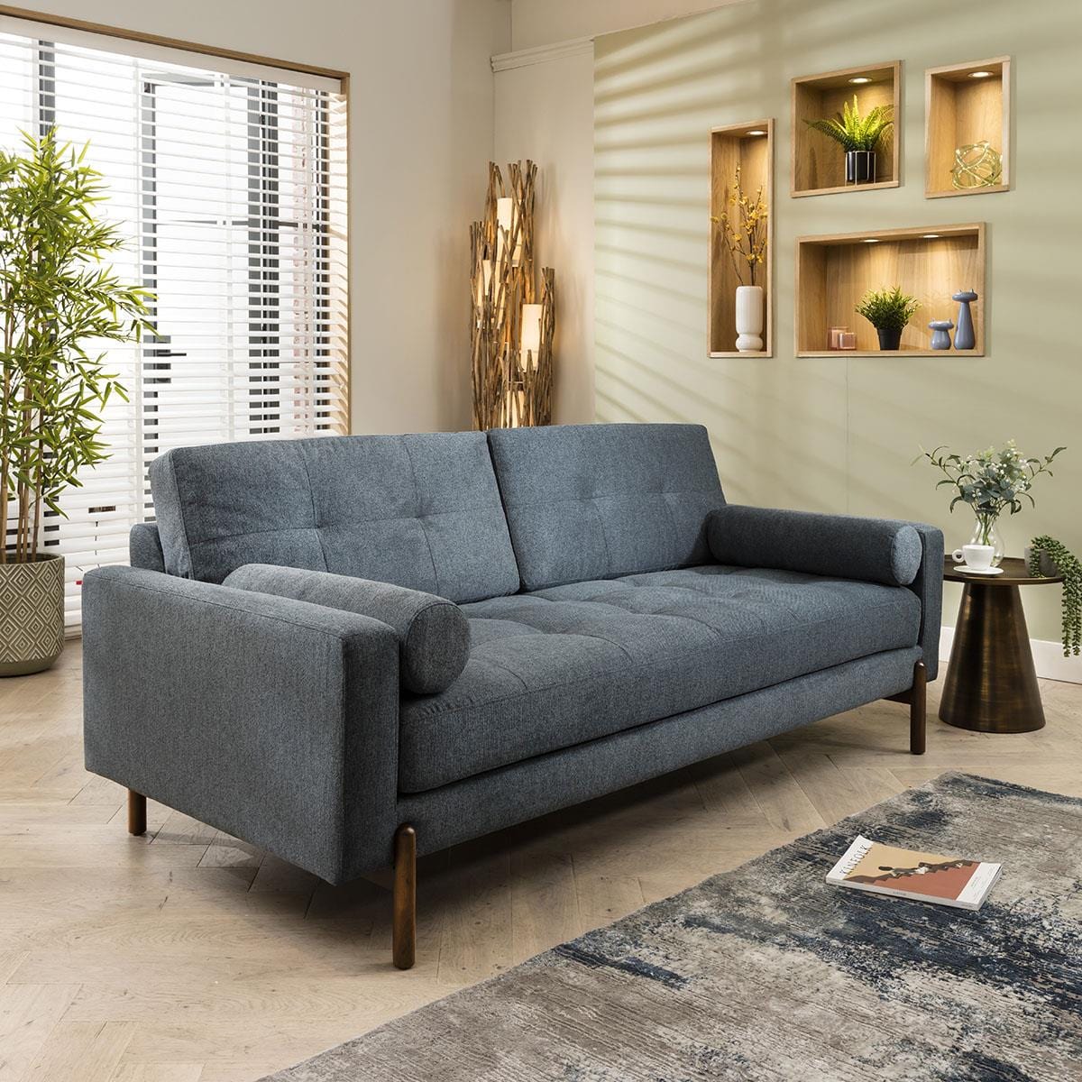 Contemporary 3 Seater Sofa Navy Fabric Three Seater Designer Sofa 210cm ...