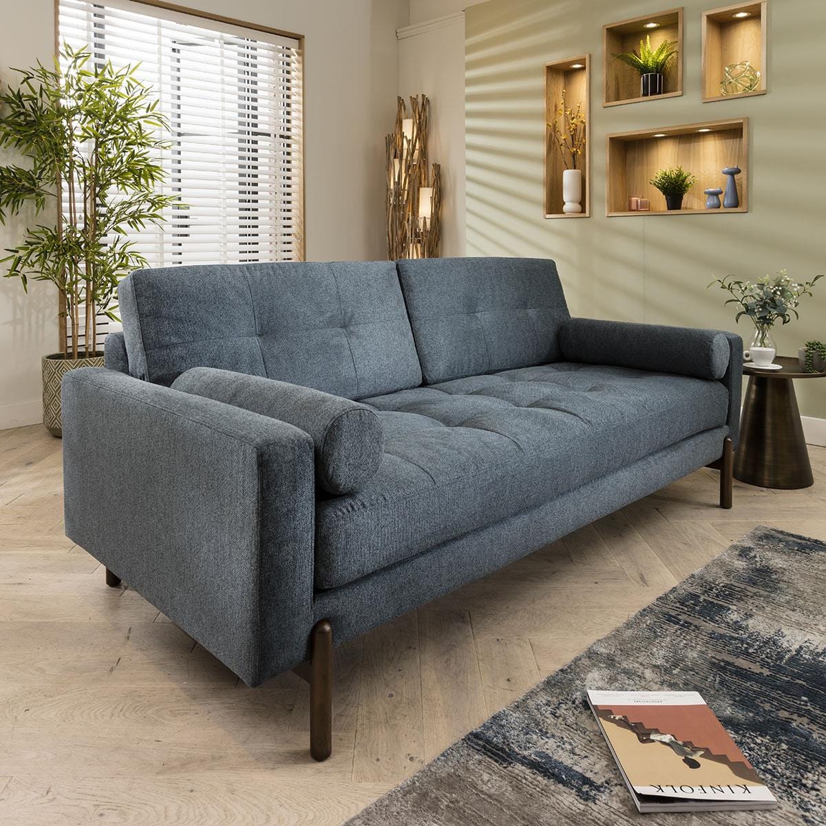 Contemporary 3 Seater Sofa Navy Fabric Three Seater Designer Sofa 210cm ...