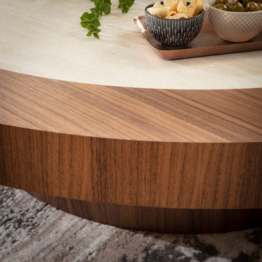 Quatropi Contemporary Large Round Coffee Table Walnut Wood Stone Ceramic 140cm