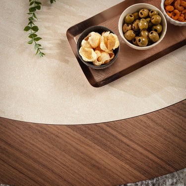 Quatropi Contemporary Large Round Coffee Table Walnut Wood Stone Ceramic 140cm