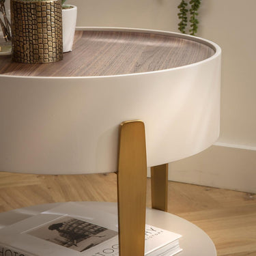 Quatropi Contemporary Round Bedside Lamp Side Table Wood Matte White Gold 52cm