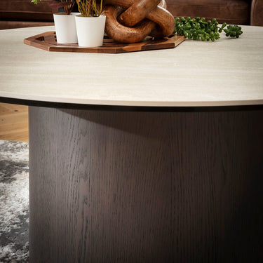 Quatropi Contemporary Round Coffee Table Grey Oak Wash & Stone-Effect Ceramic 90cm