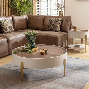 Quatropi Contemporary Round Coffee Table Walnut Wood Matte White Gold 92cm