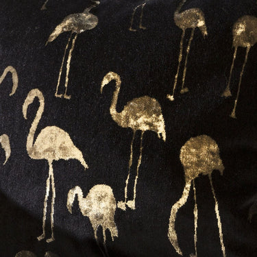 Quatropi Contemporary Velvet Flamingo Cushion Pillow 430mm Square Black Gold