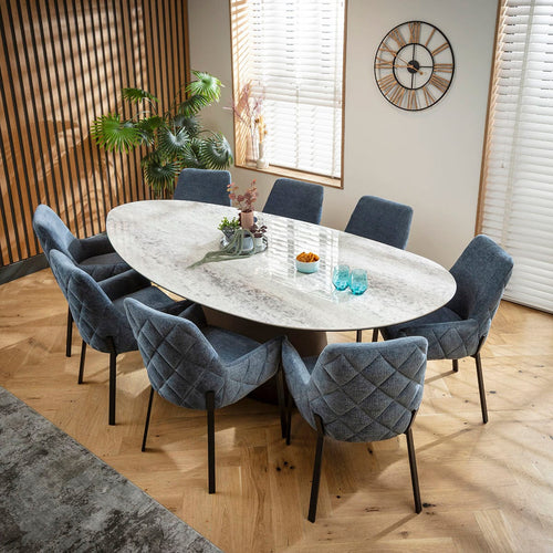 Cora & Ashford Large 8 Seater Oval Dining Set Blue Chenille & Grey Ceramic