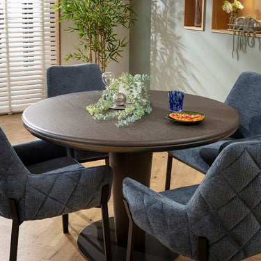 Quatropi Cora & Pluto Contemporary 4 Seater Round Dining Set Blue Chenille & Grey Oak Wash