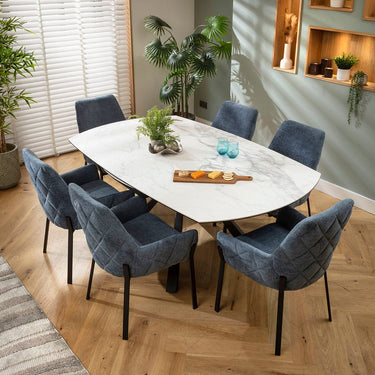 Quatropi Cora & Rudie 6 Seater Round Extendable Dining Set Blue Chenille & Matte White Ceramic