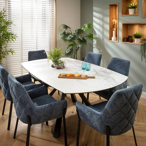 Cora & Rudie 6 Seater Round Extendable Dining Set Blue Chenille & Matte White Ceramic