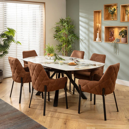 Cora & Rudie 6 Seater Round Extendable Dining Set Brown & White Ceramic