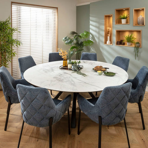 Cora & Rudie 8 Seater Round Extendable Dining Set Blue Chenille & Matte White Ceramic