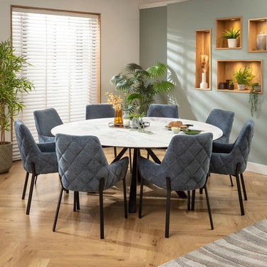 Quatropi Cora & Rudie 8 Seater Round Extendable Dining Set Blue Chenille & Matte White Ceramic