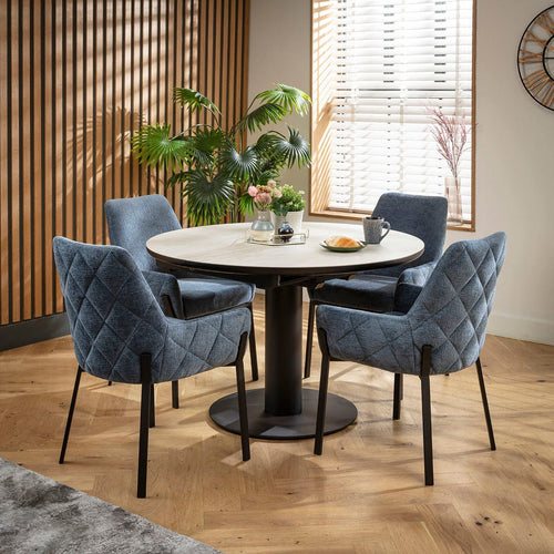 Cora & Venus 4 Seater Round Extendable Dining Set Blue Chenille & Light Grey Ceramic