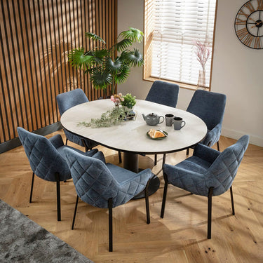 Quatropi Cora & Venus 6 Seater Round Extendable Dining Set Blue Chenille & Light Grey Ceramic