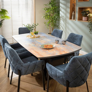 Quatropi Cora & Zelda 6 Seater Extendable Dining Set Blue Chenille & Rustic Blue Ceramic