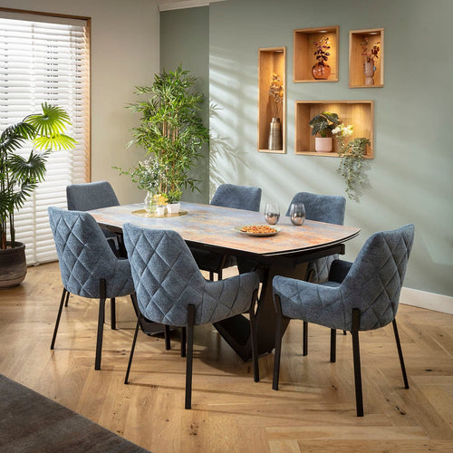 Cora & Zelda 6 Seater Extendable Dining Set Blue Chenille & Rustic Blue Ceramic