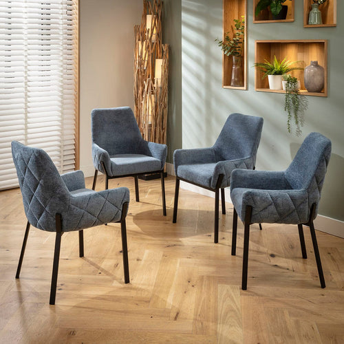 4 Cora Modern Carver Dining Chairs with Arms Blue Chenille