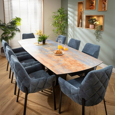 Quatropi Cora & Zelda 8 Seater Extendable Dining Set Blue Chenille & Rustic Blue Ceramic